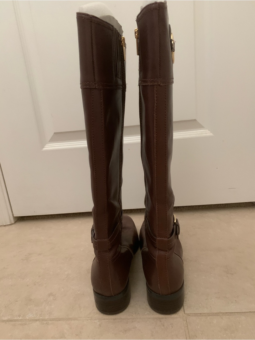 Michael Kors Stockard Brown Leather Tall Riding Boots Gold MK Logo Size 9.5M - Picture 15 of 16